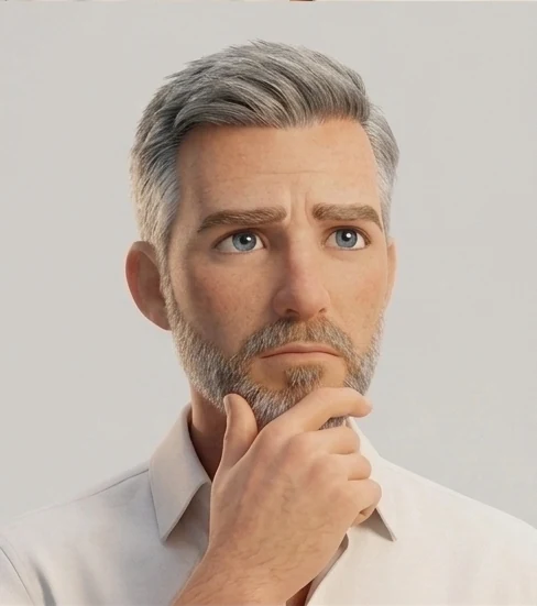 Mister Best, thinking with a hand on his chin